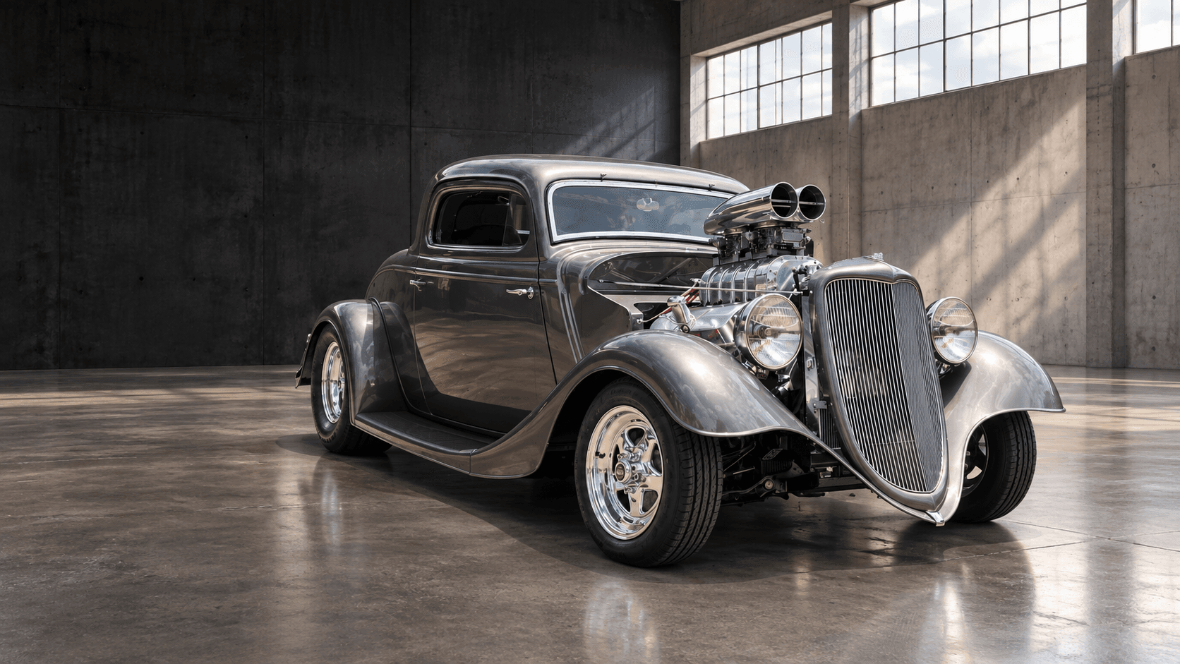 Metallic silver hot rod with a supercharged engine in an architectural photo studio